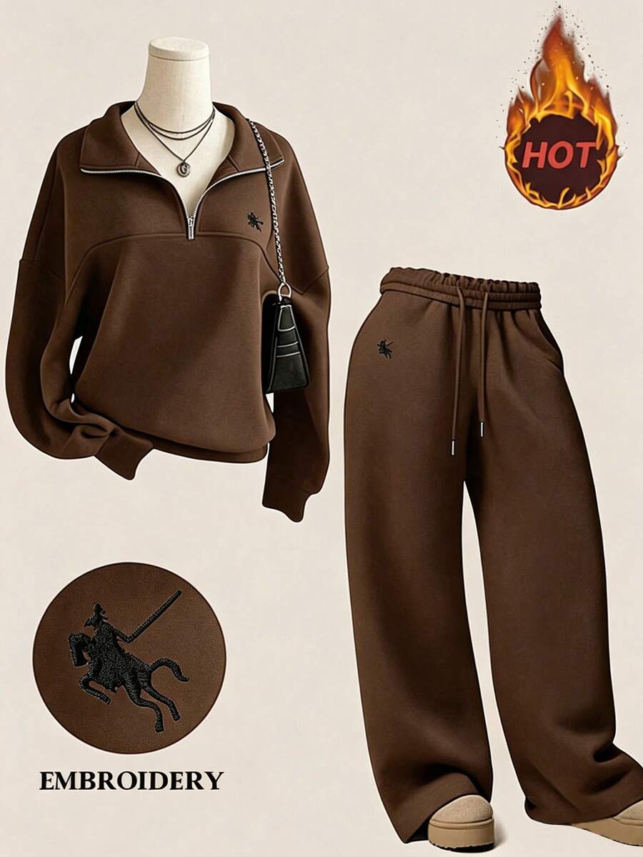 Olithes B157:Women's Embroidered Grey Sweatshirt 2-Piece Set - Coffee Brown - View 1