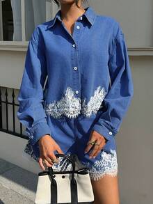 Siren Gaze Women's Lace Trim Top & Denim Shorts Set - Medium Wash - View 5