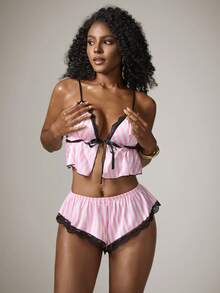 DreamPoppy 2pcs/Set Women's Pink & White Striped Lace Patchwork Pajama Set, Loungewear Set - Pink - View 4