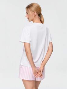 Bonmuse Women's Pink Striped Grapefruit Short Sleeve T-Shirt And Shorts Pajama Set - Red - View 2