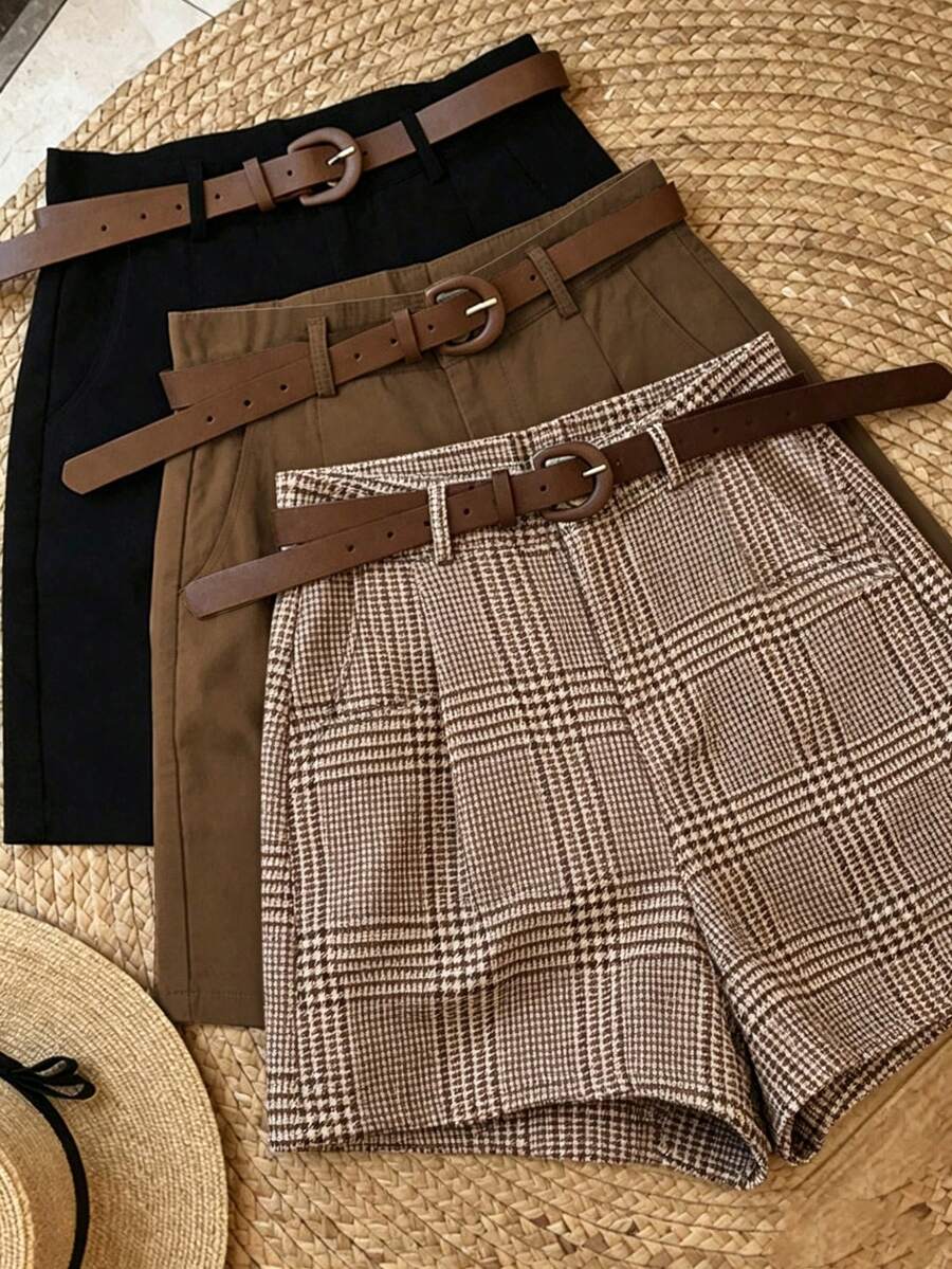 INAWLY Women's Black White Coffee Shorts Casual Commute Business 3 Pieces Set (Belt Not Included) - Multicolor - View 1