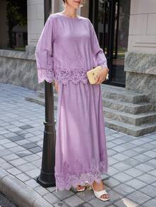 Mulvari 女款法式白色蕾絲刺繡拼接上衣與裙子兩件套 - 紫色 - 查看 7