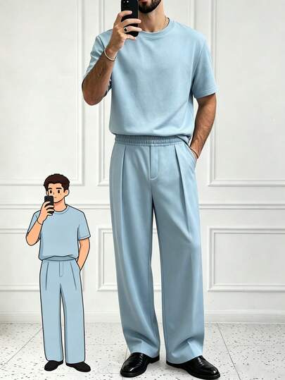 HUEFORM Men's Short Sleeve Crew Neck T-Shirt And Pants Set, Classic Basic Solid Color Top, Paired With Elastic Waist Gathered Silhouette Pants, Pleated Design In Front, Pockets, Slightly Loose Fit, T-Shirt Fabric Comfortable And Structured, Grey-Blue Color, Solid Color Men's T-Shirt Set, Basic Minimalist Style, Men's Spring/Summer Fashion T-Shirt Set