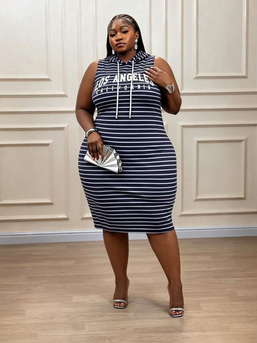 CurvyTilda Women's Plus Size Striped Hooded Sleeveless Dress With Letter Print And Drawstring For Valentine's Day, Spring And Summer - Blue - View 1