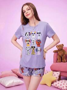 Notgurli Set Piyama Lengan Pendek Wanita Ukuran Plus Motif Hati Kopi Putih dan Merah, Cocok untuk Bersantai Sehari-hari - Purple - View 4