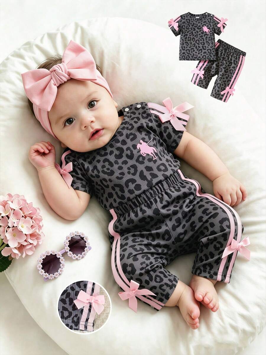 SHEIN 新生女嬰粉黑時尚套裝 短袖上衣配3D蝴蝶結 可愛套裝 適合0-9個月嬰兒 - 深灰色 - 查看 1