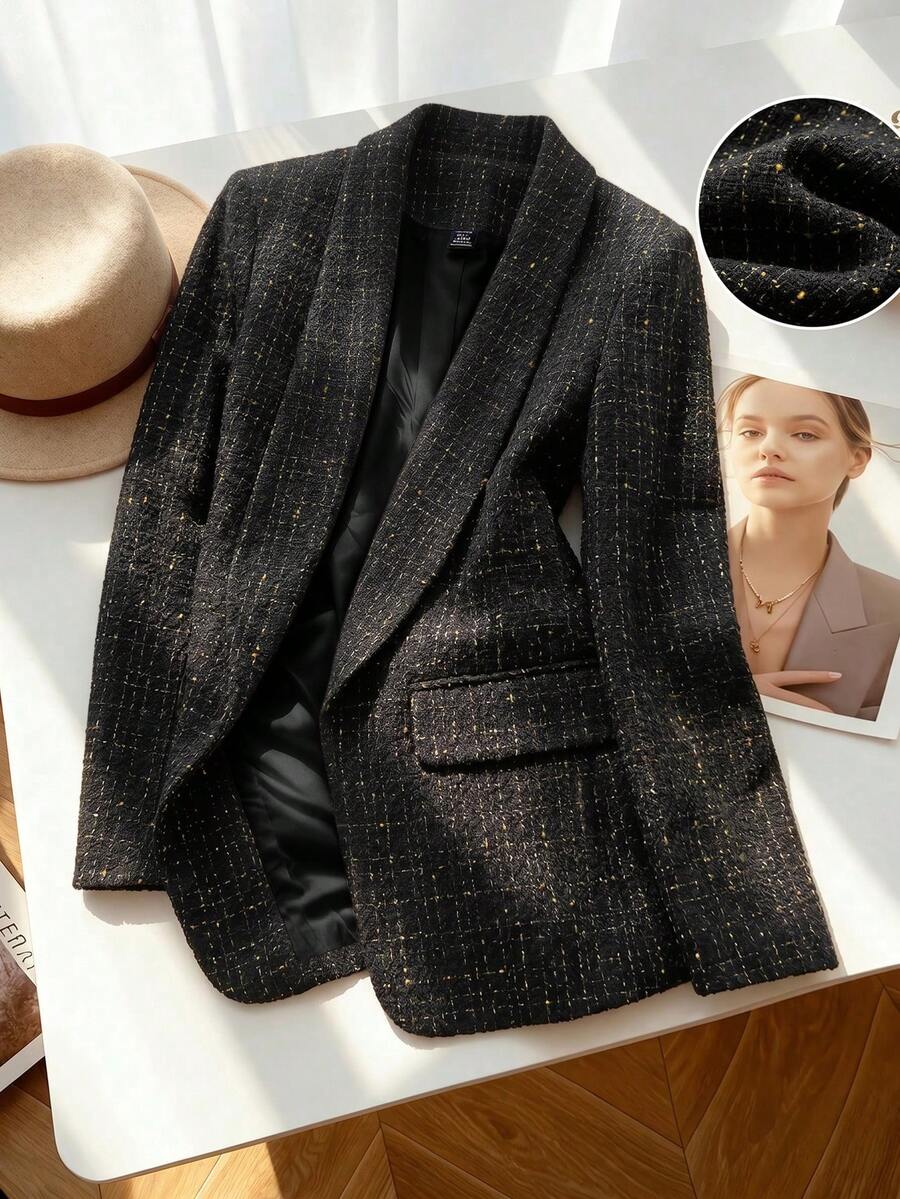 SHEIN LUNE 女款格紋時尚百搭通勤旅行長袖西裝外套 - 黑色 - 查看 1