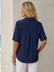 EMERY ROSE Women's Textured Fabric Blue Shirt, Versatile For Work, Commuting, Casual, Teacher, Back To School Season - Blue - View 2