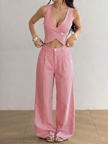 Muchica Conjunto de chaleco y pantalones con un solo botón para mujer, unicolor en otoño/invierno - Rojo y blanco - Ver 8