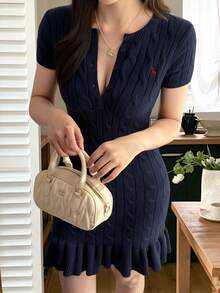 DAZY Pattern Embroidered Fitted Ruffle Trim Short Sleeve Dress Casual Vacation Old Money Elegant Spring Autumn Women's Sweater Dress - Blue - View 5