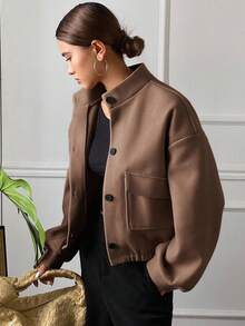 Dazy Tall Jaket Kasual Wanita Lengan Panjang Longgar dengan Kerah Tegak untuk Musim Gugur - Coklat - View 4