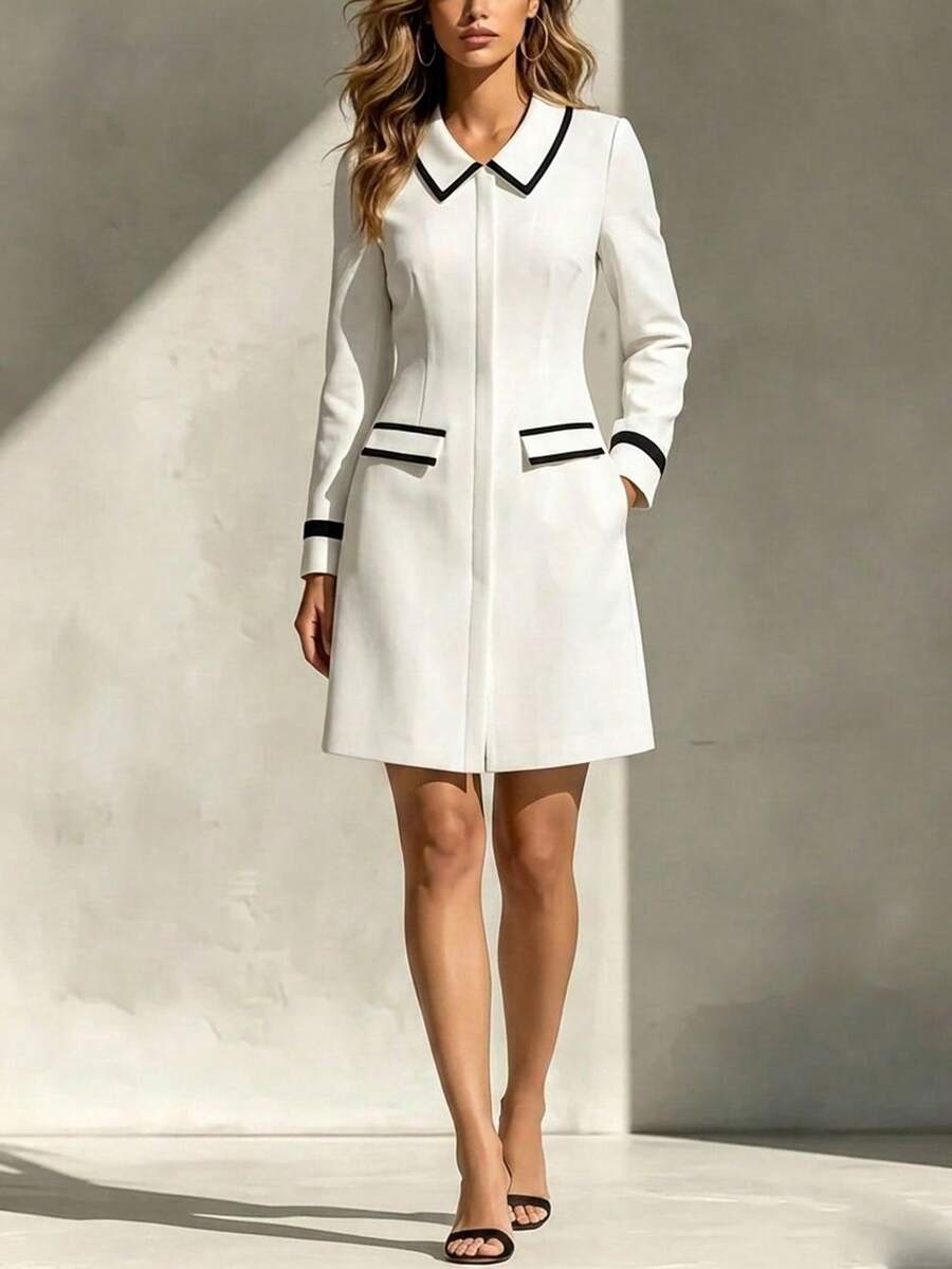 Franclia Women's Elegant Contrast Piping Flap Detail Long Sleeve Dress, Spring/Autumn Fall Cloth For Women - Black and White - View 1
