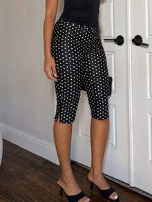 Glamine Women's Polka Dot Yellow Small Slit Mid-Length Casual Modest Sports Pants Gym Summer - Black and White - View 1