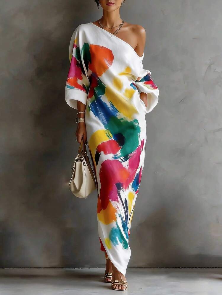 SHEIN LUNE Women's Designer Fashion Graffiti Print One Shoulder Fitted Elegant Dress Vacation White Summer - White - View 1