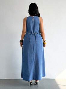 SHEIN EZwear 大尺碼秋季休閒正裝休閒無袖長版牛仔洋裝，適合度假約會，海軍藍 - 藍色 - 查看 3