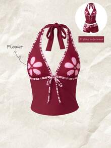 Elavelle Women's Spring/Summer Random Print Spaghetti Strap Bow Bikini Top - Multicolor - View 1