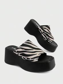 Sugerpunk Ladies, Spike Buckles, Lame-Heeled Platform Sandals. - Beige - View 3