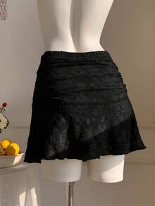 Comfortcana Summer Polka Dot Ruched A-Line Mini Skirt - Black - View 3