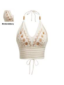 ROMWE Hippie Top de ganchillo de punto de crochet sin espalda con tirantes cruzados bordados para verano - Albaricoque - Ver 1