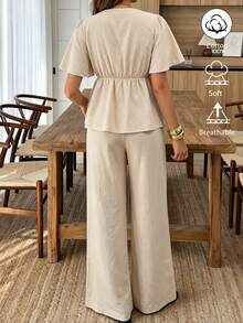 Flora Isola Flora Isola Women's Spring/Autumn Casual Vacation V-Neck Tie-Front Ruffle Sleeve Straight Leg Pants, Suitable For Daily Wear And Vacation - Apricot - View 2