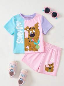 SCOOBY-DOO X SHEIN 女婴卡通图案粉色和紫色可爱甜美短袖T恤和短裤套装 - 彩色 - 查看 1
