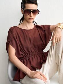 Aalyst Women's Fashion Solid Color Casual Versatile Work Essential INS Style Tie-Up Linen Shirt - Brown - View 6