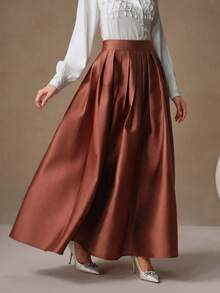 Anewsta Rok Puff Elegan Pinggang Tinggi, Maxi Gaya Istana untuk Wanita - Rust Brown - View 5