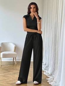 SHEIN Tall 女款休閒 Polo 領短袖上衣與長褲兩件套 春季套裝 女款休閒套裝 夏季穿搭 春假穿搭 Y2K 風格 高個子女性適用 - 黑色 - 查看 8