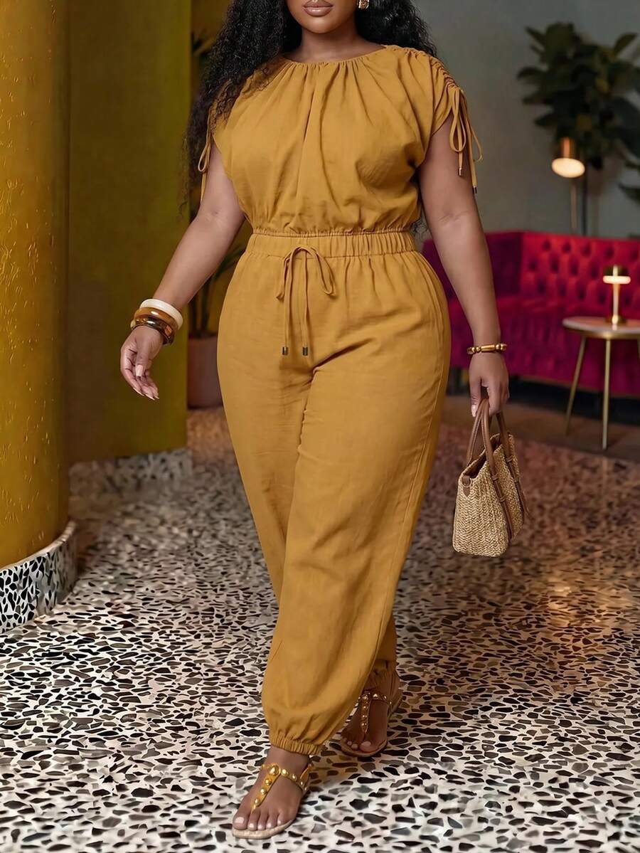 Veslaya Spring/Summer Women's Plus Size Pleated Top And Drawstring Waist Long Pants Set - Yellow - View 1