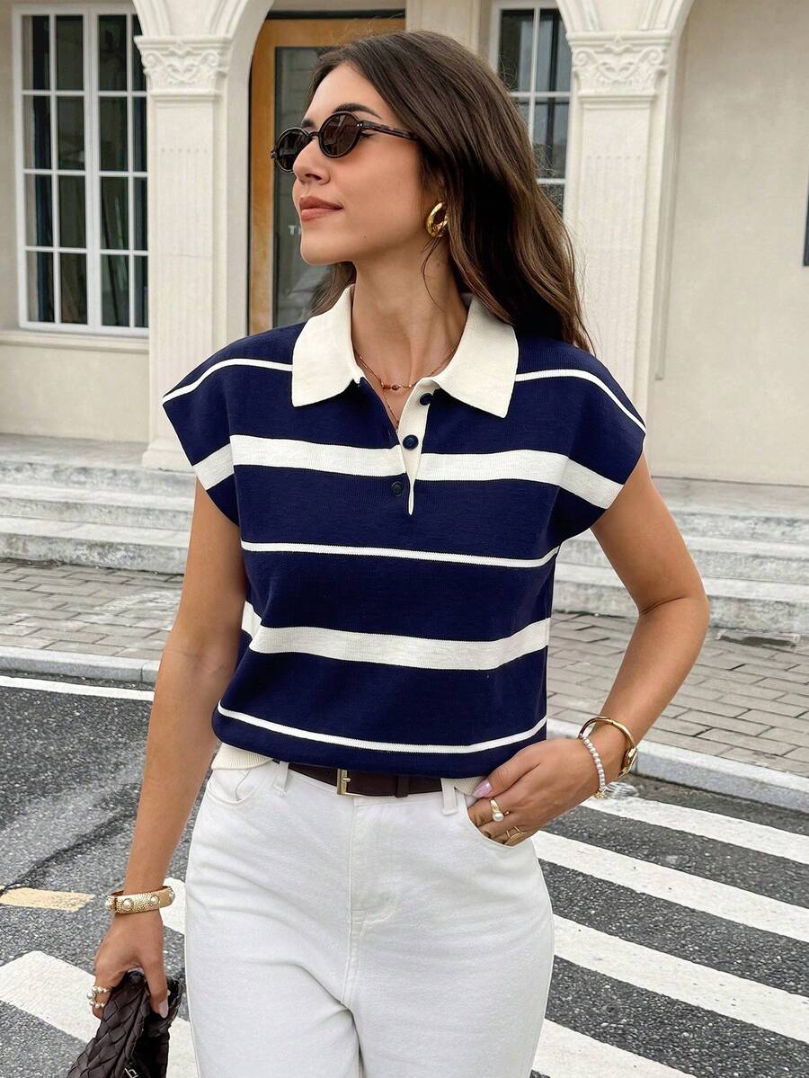 Serisse Top de punto a rayas con media abertura de botones elegante y de moda para mujer - Azul Marino - Ver 1