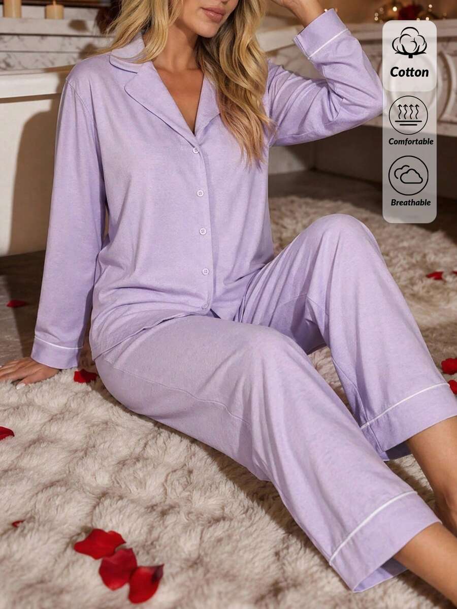 SHEIN 經典鈕扣前襟睡衣套裝－柔軟長袖上衣與舒適直筒長褲居家服 - 紫丁香色 - 查看 1