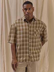 Musero Oversized Cropped Textured Check Shirt 'SPEEDWAY"Embroidery Spring Summer Essentials - Brown - View 2