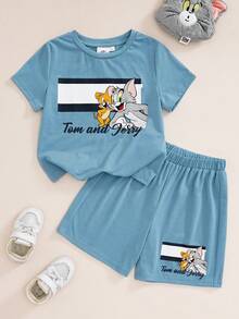 TOM & JERRY X SHEIN Young Boy Casual Style Crew Neck Short Sleeve T-Shirt And Cartoon Print Shorts Comfortable 2-Piece Set - Blue - View 1