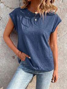 SHEIN LUNE 女款休閒純色蝙蝠袖T恤，夏季，休閒 - 藏蓝色 - 查看 3