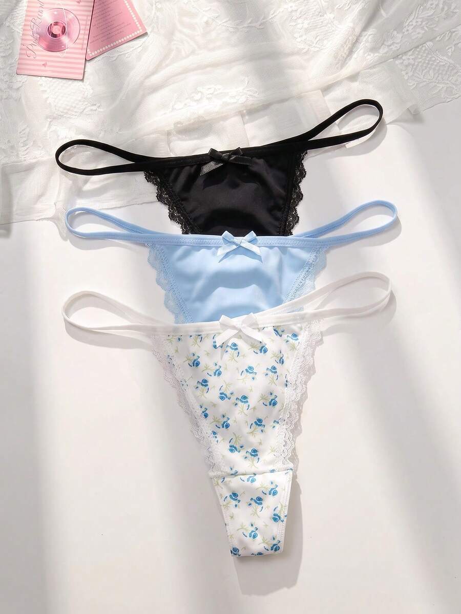 PetitDoll 3件套女士蕾丝拼布花卉丁字裤 - 彩色 - 查看 1