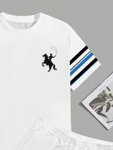 Sorvial Men's Vacation Knight Graphic Print Short Sleeve T-Shirt And Striped Drawstring Waist Shorts Set - White - View 4