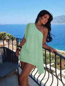 Aloruh Women's Solid Color One-Shoulder Mini Beach Vacation Dress For Vacation Mint Green Summer Sexy Tropical - Mint Green - View 8