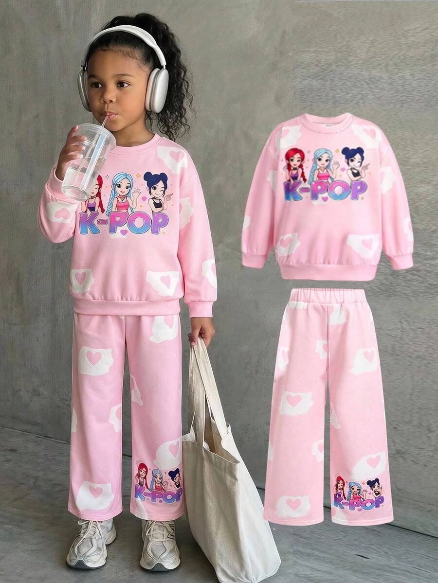 Young Girl Young Girl Casual Cute Pink Crew Neck Loose Sweatshirt And Sweatpants 2-Piece Set - Pink - View 1