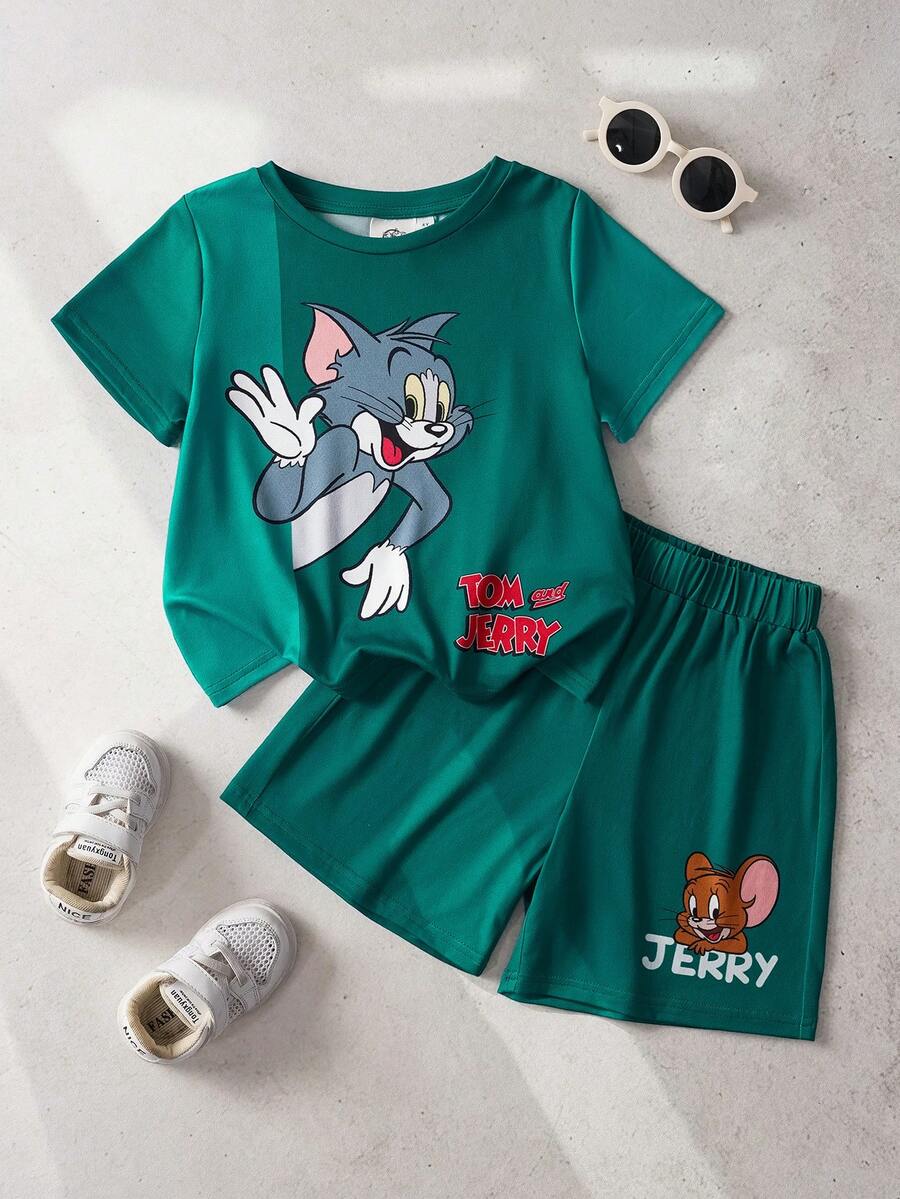 TOM & JERRY X SHEIN 小男孩卡通印花短袖T恤與短褲休閒套裝 - 綠色 - 查看 1