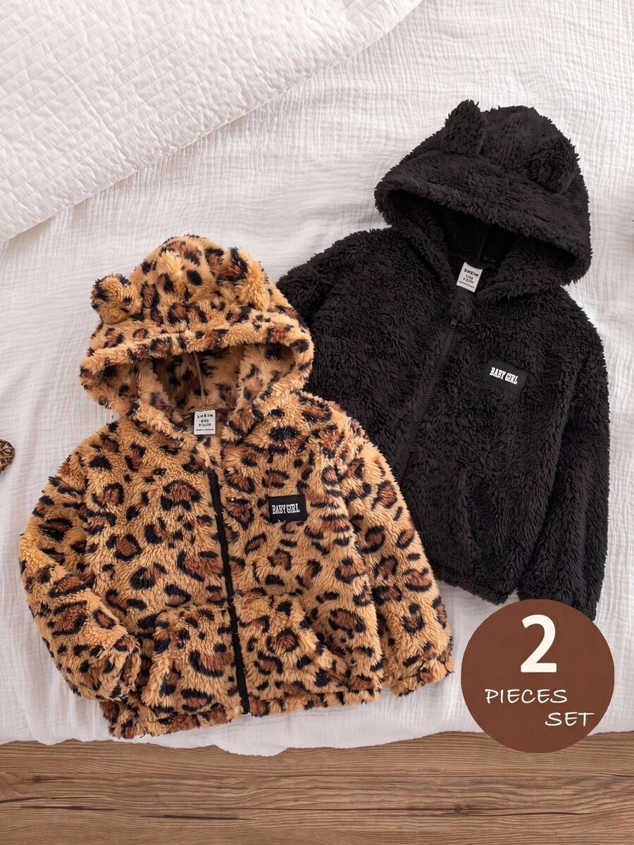 SHEIN Baby Girl Knitted Solid Color Leopard Print Plush Hooded Casual Jacket 2pcs Set, Fleece Lined Brushed Thick Style Suitable For Winter - Multicolor - View 1