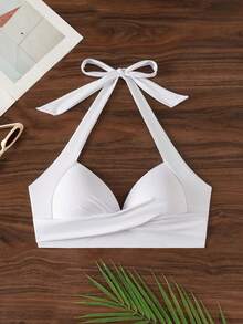 Voyashape Summer Beach Solid Color Halterneck Swimwear Top - White - View 4