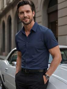 Manfinity Mode Men Solid Button Front Shirt, Formal, Ceremony - Navy Blue - View 3