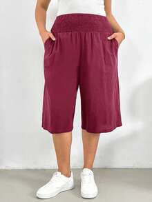 Shapeblank Plus Size Women's Solid Color Waist Gathered Pocket 3/4 Length Pants - Burgundy - View 4