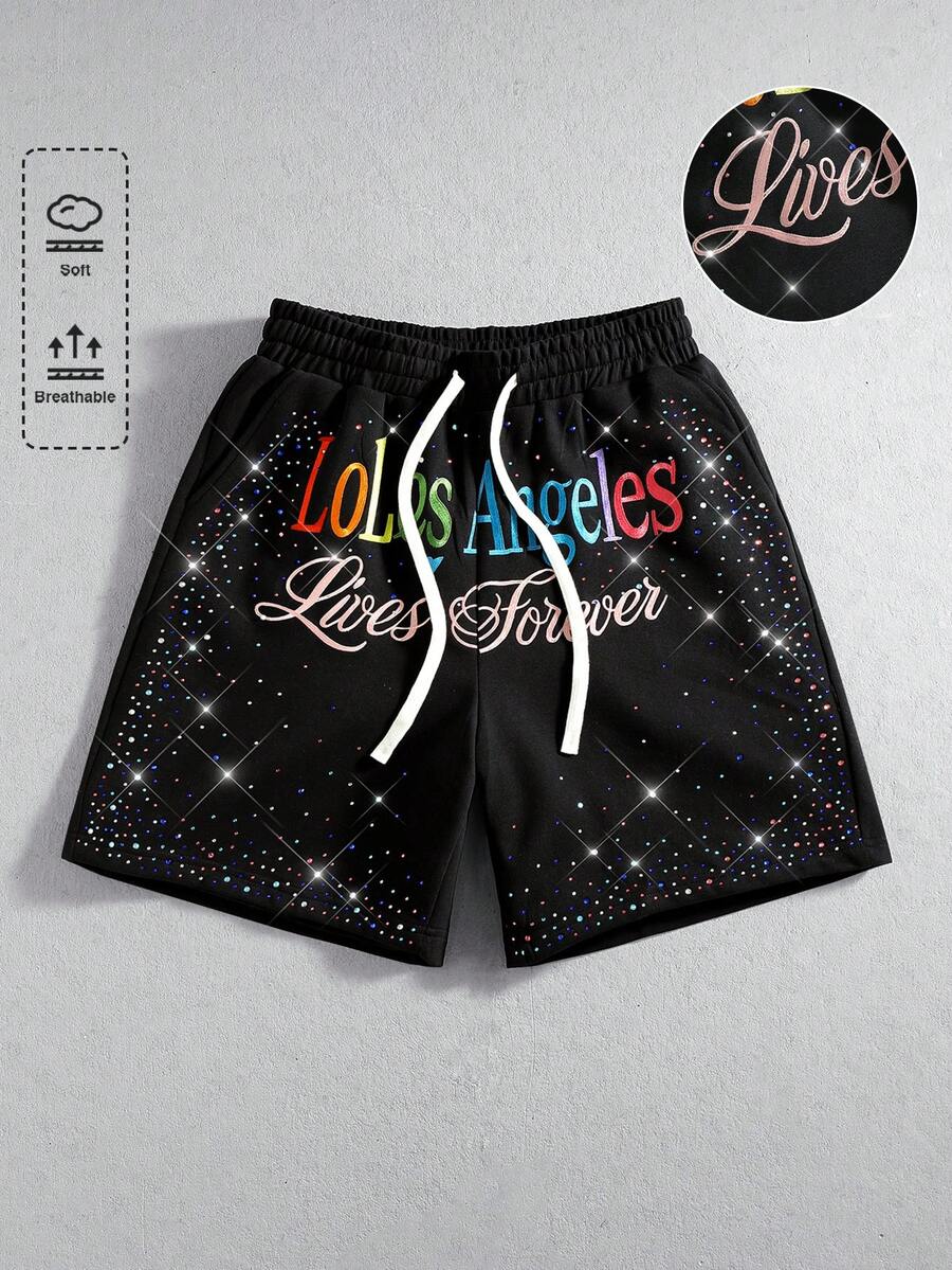 ROMWE MEN Men's Loose Fit Shorts With Letter Flashing Diamond Embroidered Pattern - Black - View 1
