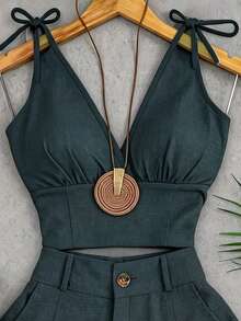 SHEIN Franclia Set Atasan Wanita Berlipit dengan Tali Serut untuk Liburan dan Celana Pendek Berkancing - Dark Green - View 4