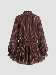 Sweetra Autumn/Winter New Fashion Design Rose Flower Ribbon Decor French Sweet Brown Polka Dot Chiffon Flowy Lightweight Vacation Long Sleeve Short Dress For Women - Brown - View 3