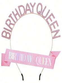 1件裝玫瑰金生日女王披肩搭配水鑽皇冠頭飾，亮片Happy Birthday女款頭帶，派對拍照亭裝飾配件套組 - B-粉紅色 - 查看 7