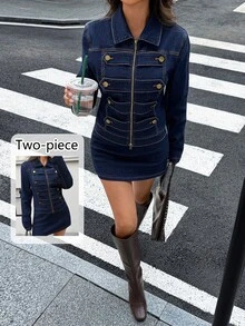 Siren Gaze 女款拉鍊翻領長袖夾克與迷你裙休閒日常牛仔套裝 - 藍色 - 查看 1