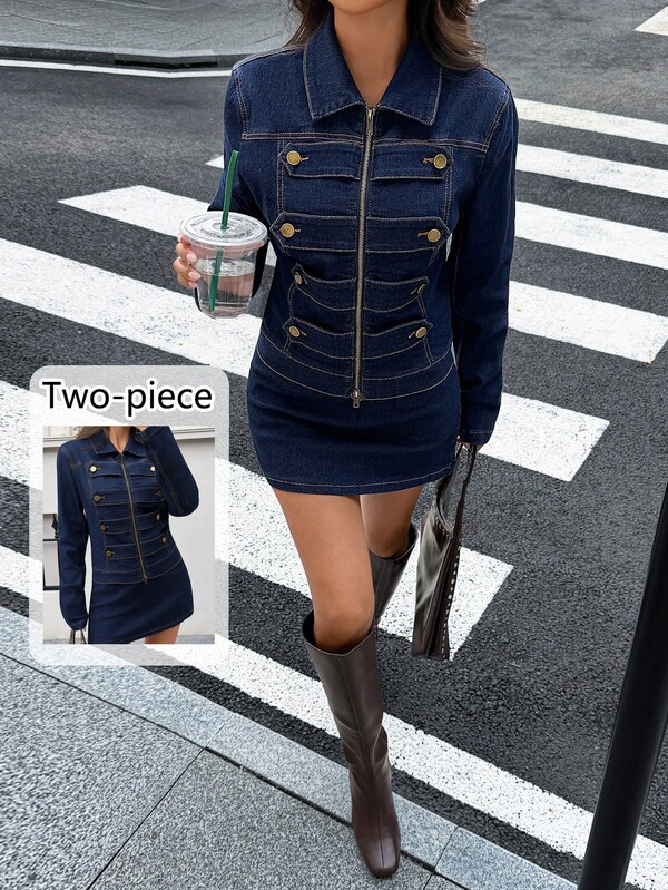 Siren Gaze Women's Zipper Lapel Long Sleeve Jacket And Mini Skirt Casual Daily Denim Set Fall/Winter Elegant Casual Y2k Chic Basic Festival Back To School Going