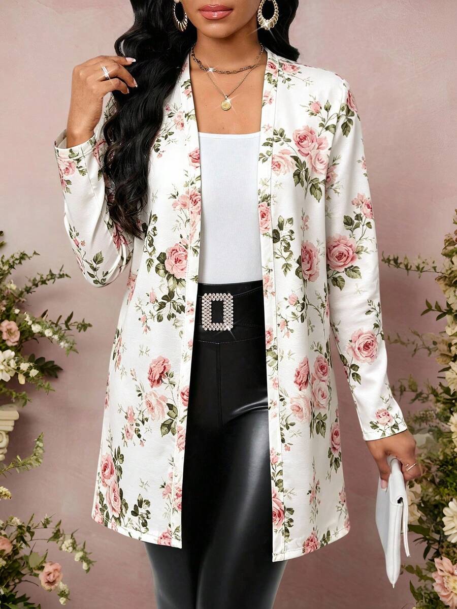 SHEIN Lady Plus Size Elegant Floral Print Long Sleeve Knit Cardigan For Vacation Evening Formal Wedding Autumn Fall - Multicolor - View 1